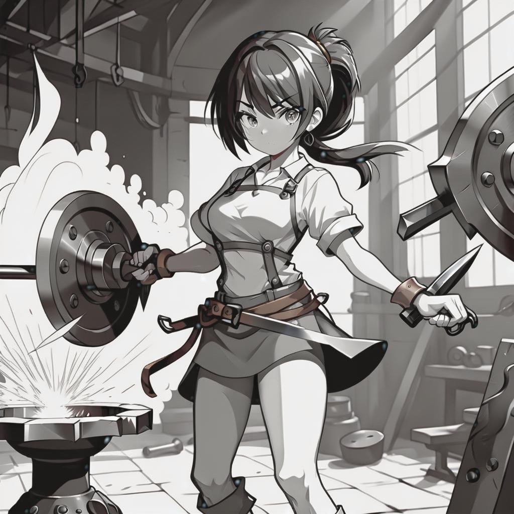  line art drawing blacksmith girl, battle stance, same nightmare. anime style . professional, sleek, modern, minimalist, graphic, line art, vector graphics