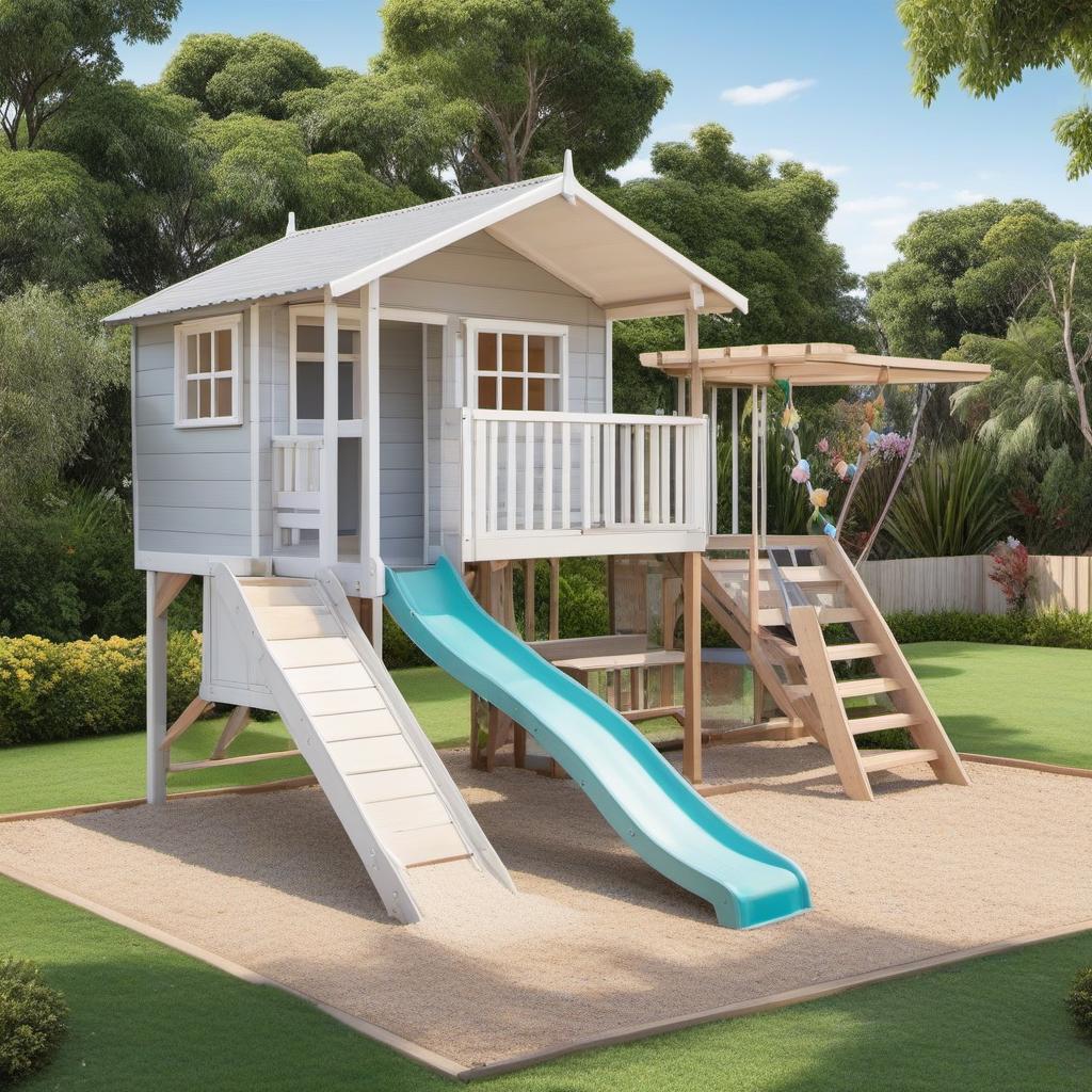  small cubby house on stilts, slide off right, white with light grey trim, verandah, stairs at front. sandpit to left on ground, park kids cars under, profile image style