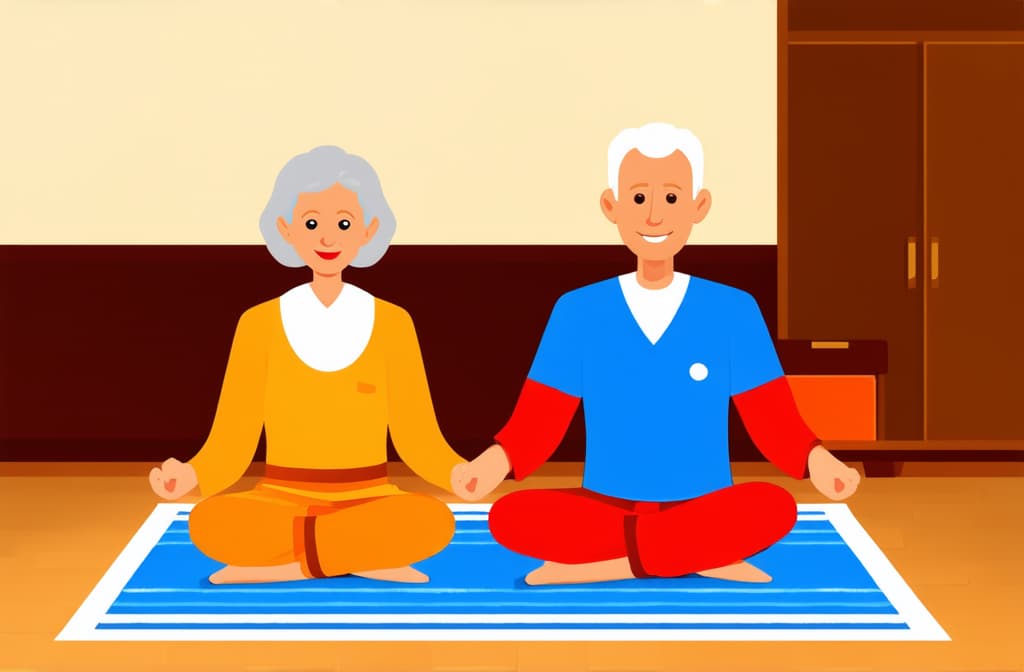  cute old lady and man sitting on the rug and meditating. style flat illustration ar 3:2 {prompt}, maximum details