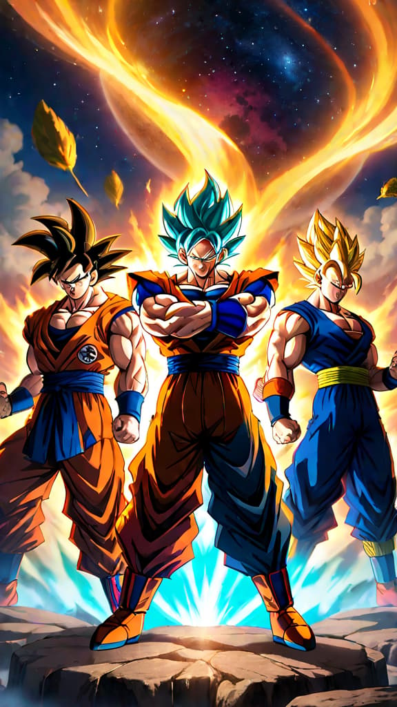  an anime art depicting goku, jiren, vegeta, and broly's clash potentially rivaling the big bang. hyperrealistic, full body, detailed clothing, highly detailed, cinematic lighting, stunningly beautiful, intricate, sharp focus, f/1. 8, 85mm, (centered image composition), (professionally color graded), ((bright soft diffused light)), volumetric fog, trending on instagram, trending on tumblr, HDR 4K, 8K