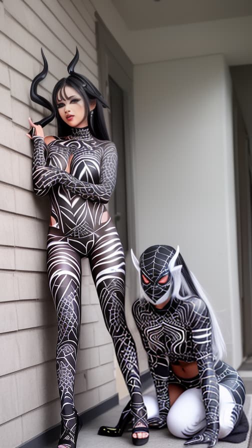  Black Spider-patterned body paint in every corner of the whole body, full-body, silver body paint, White face paint on the face,Two Dark elfs 女性