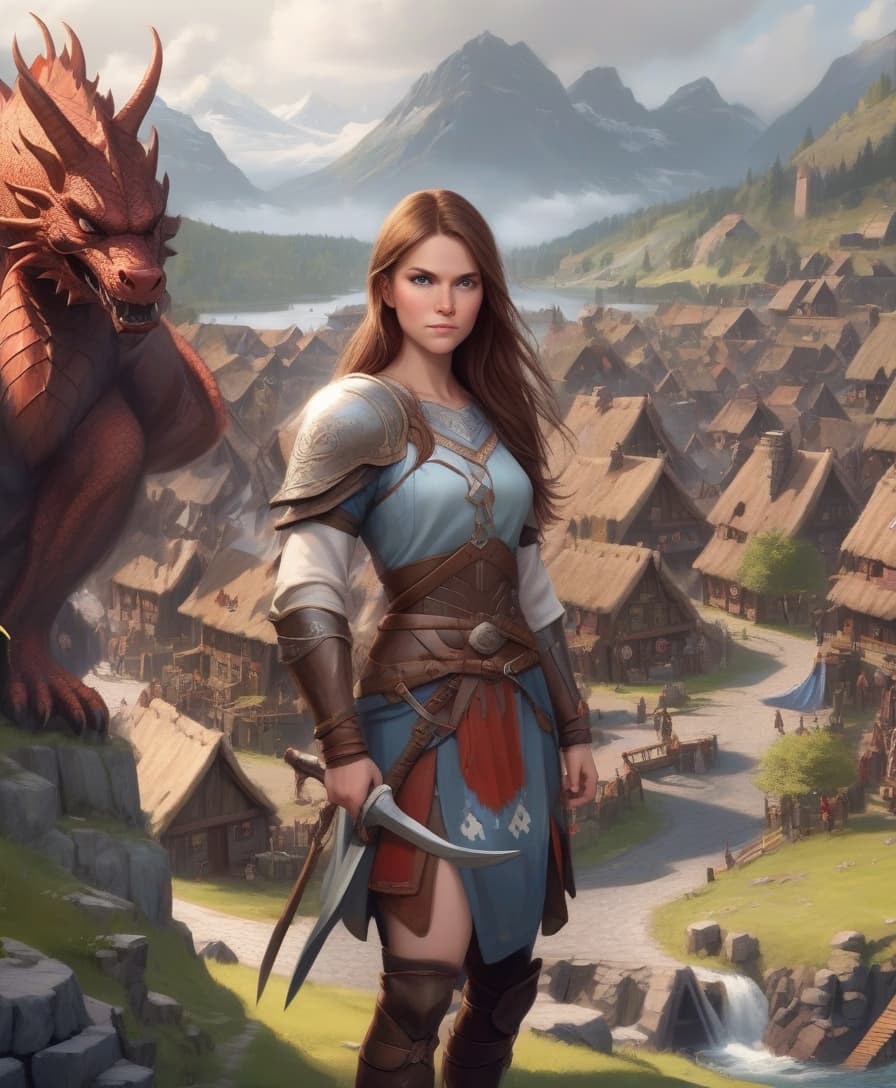  girl, brown haired, scandinavian warrior, behind her scandinavian village and dragon