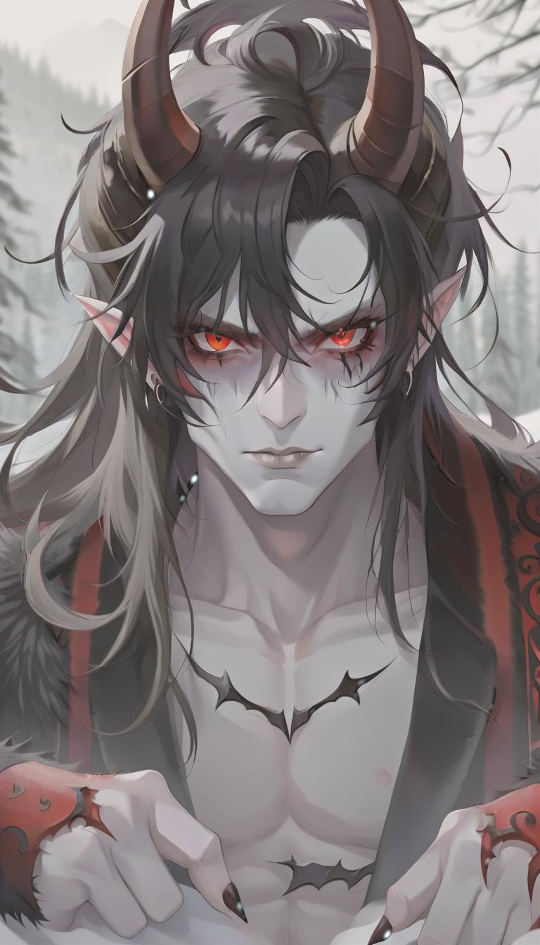  man demon, white skin. red eyes, black hair, red horns, black fur coat, dense forest in the background