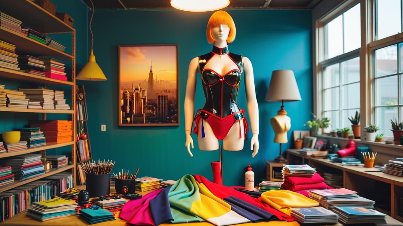  a vibrant workspace cluttered with various cosplay materials: colorful fabrics, foam sheets, thermoplastics, sewing tools, and paint, alongside a half finished costume on a mannequin, illuminated by warm, creative lighting. hyperrealistic, full body, detailed clothing, highly detailed, cinematic lighting, stunningly beautiful, intricate, sharp focus, f/1. 8, 85mm, (centered image composition), (professionally color graded), ((bright soft diffused light)), volumetric fog, trending on instagram, trending on tumblr, HDR 4K, 8K