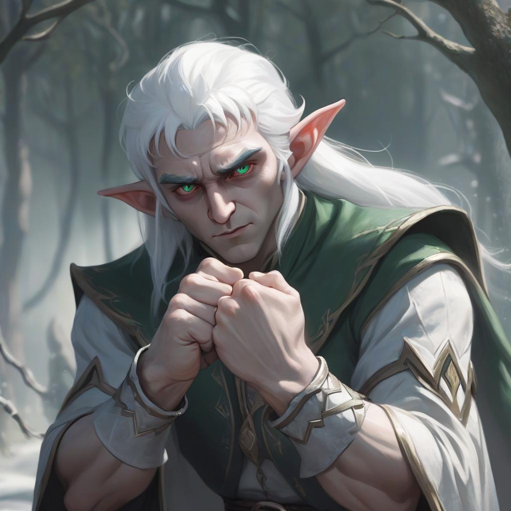  concept art white haired elf man clutching his fists . digital artwork, illustrative, painterly, matte painting, highly detailed