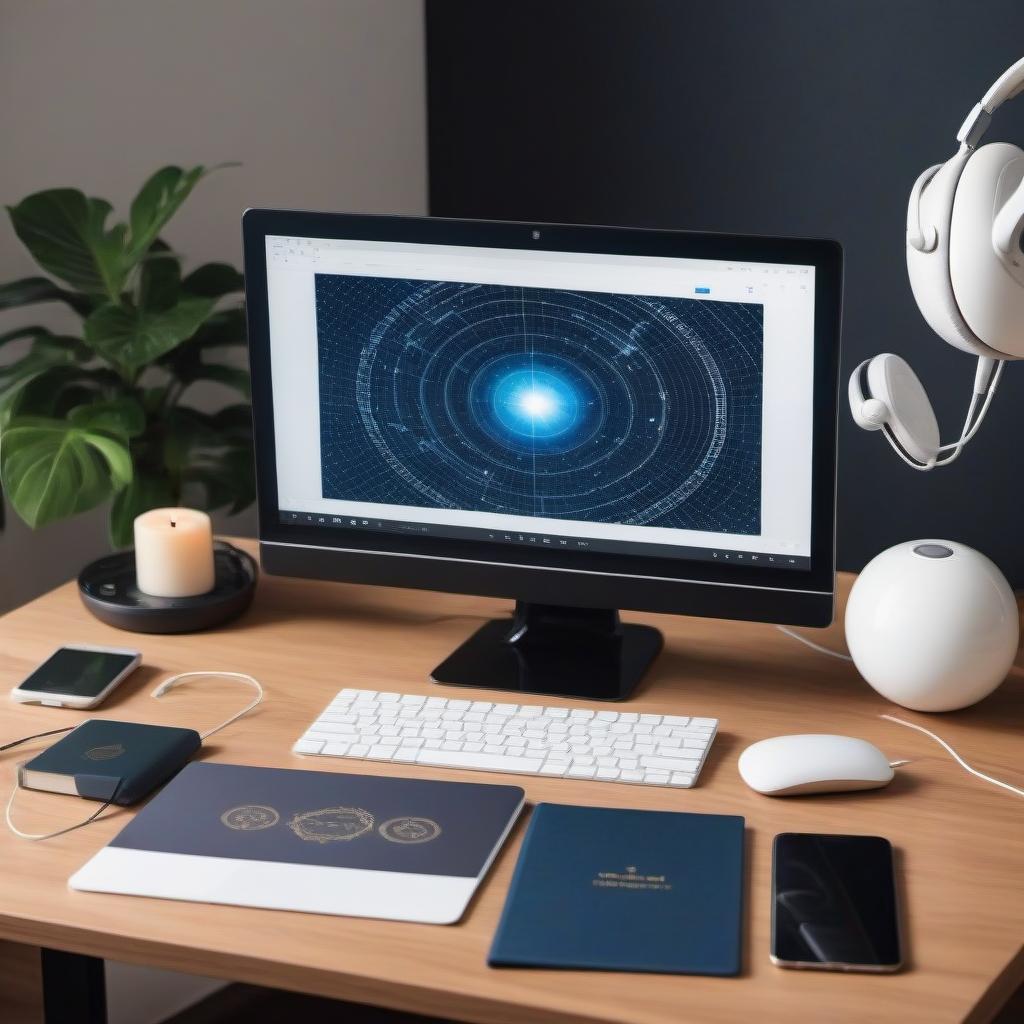  Astrology Lessons online. Computer monitor. Negotiations with another person in the monitor.Headphones and microphone.the astrolabe. Joy.