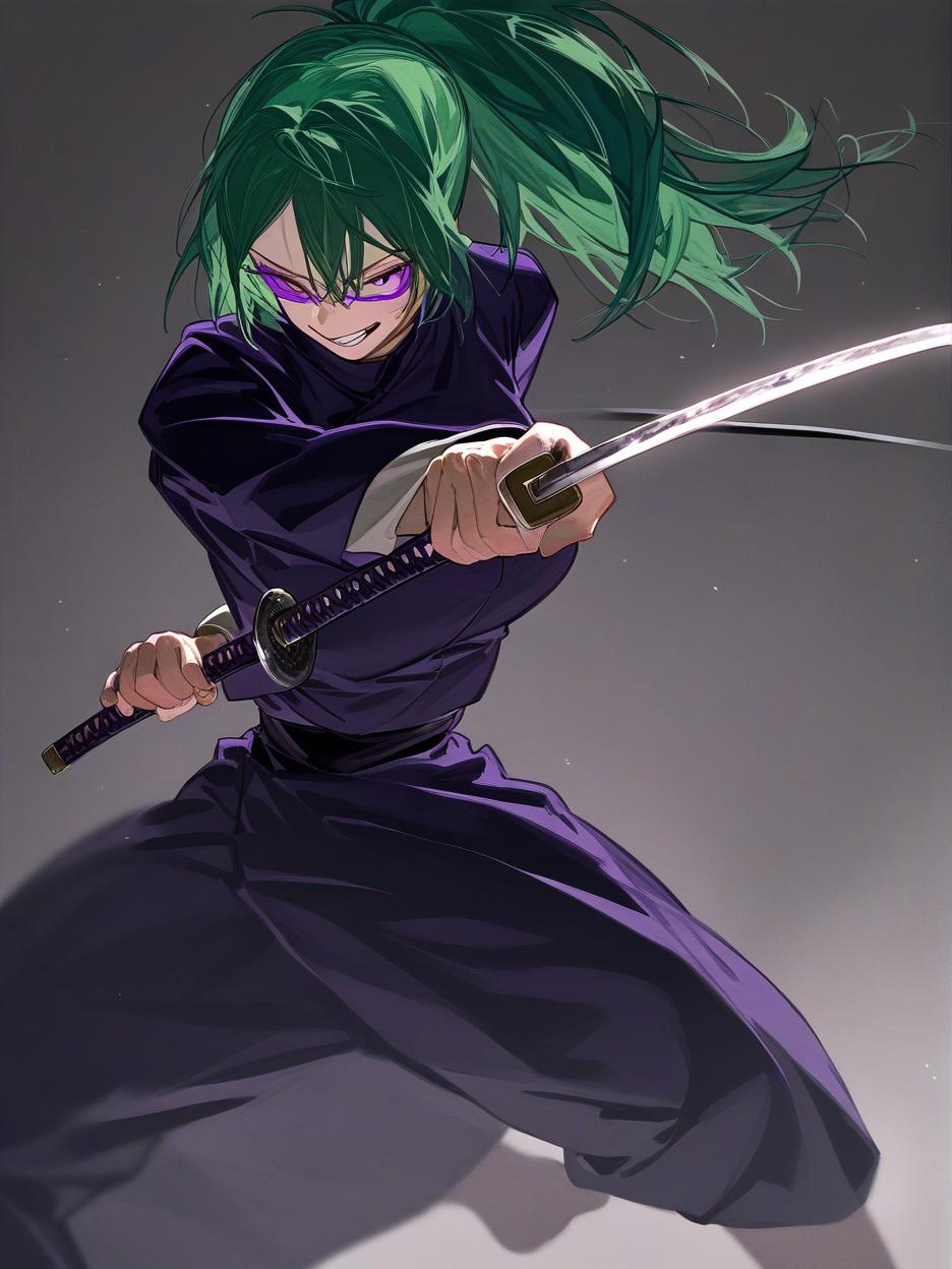  maki zenin from jujutsu kaisen, green hair, purple glasses, holding a katana, ponytail, arrogant smile . best quality, high resolution