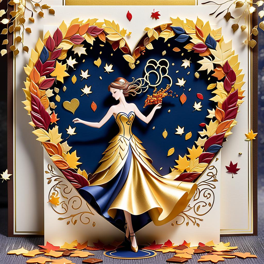  luxury product style on a carpet of yellow leaves in a simple dress of wind given crepe autumn danced a waltz boston in an alleyway. the warm day flew away and the saxophone sang hoarsely. (background of the card): falling autumn leaves, a whirlwind of autumn leaves, wind saxophone, ((a box of chocolates, the inscription "autumn waltz")) , a greeting card. (heart), a beautiful figure made of contours in the shape of a heart. (heart colour): night sky background, stars, gold pattern. (style):fantasy, autumn art, autumn romance. (colours):gold, green gold, navy blue, red, red gold, brown gold, silver, golden blue, bluish blue, dark blue on gold . elegant, sophisticated, high end, luxurious, professional, highly detailed