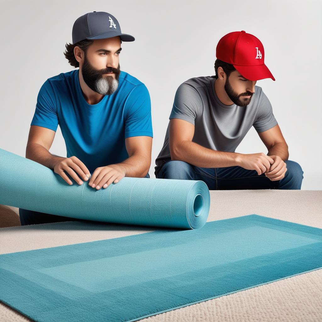  2 men a father and son unrolling carpet in a big house the father has a baseball cap on in his 50s with a beard with some grey in it and has blue eyes. the son has brown messy hair has some facial hair the age of 21 blue greenish eyes with a red shirt on, (logo), elegant, chic, stylish, sophisticated, high fashion, modern serif font, monochrome, simple, iconic