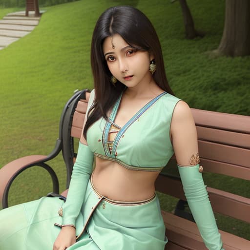  a indian lady sitting on bench and remove her chest button show her half chest