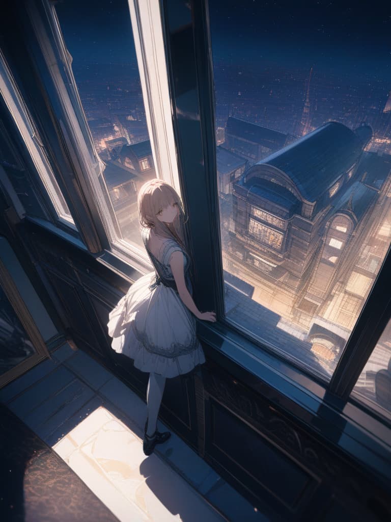  looking up from the window, the hair is blond, the hair length is long, the sky is in the night sky, the stars are visible, while looking at the distant look, the whole body, the whole body, the building group., masterpiece, best quality,8k,ultra detailed,high resolution,an extremely delicate and beautiful,hyper detail