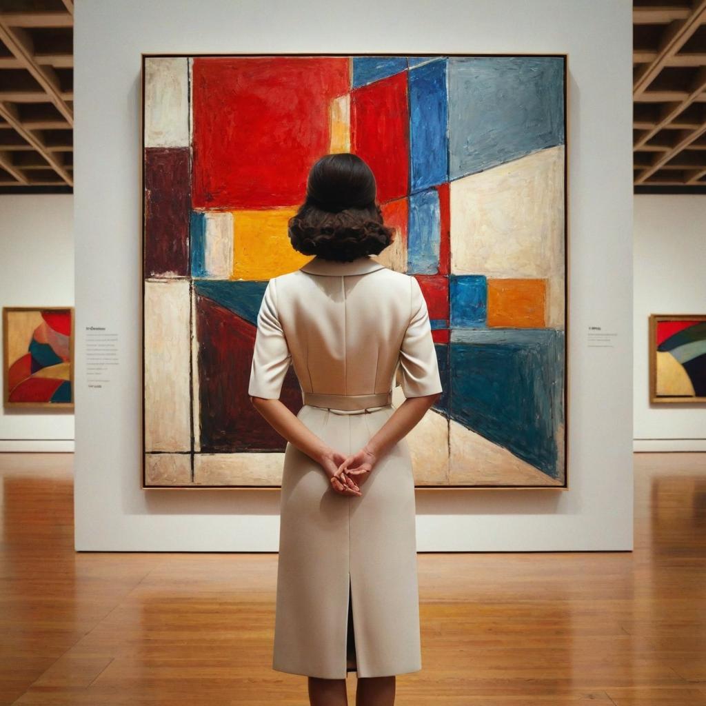  a woman looking at a painting in a museum while placing her hands behind her back