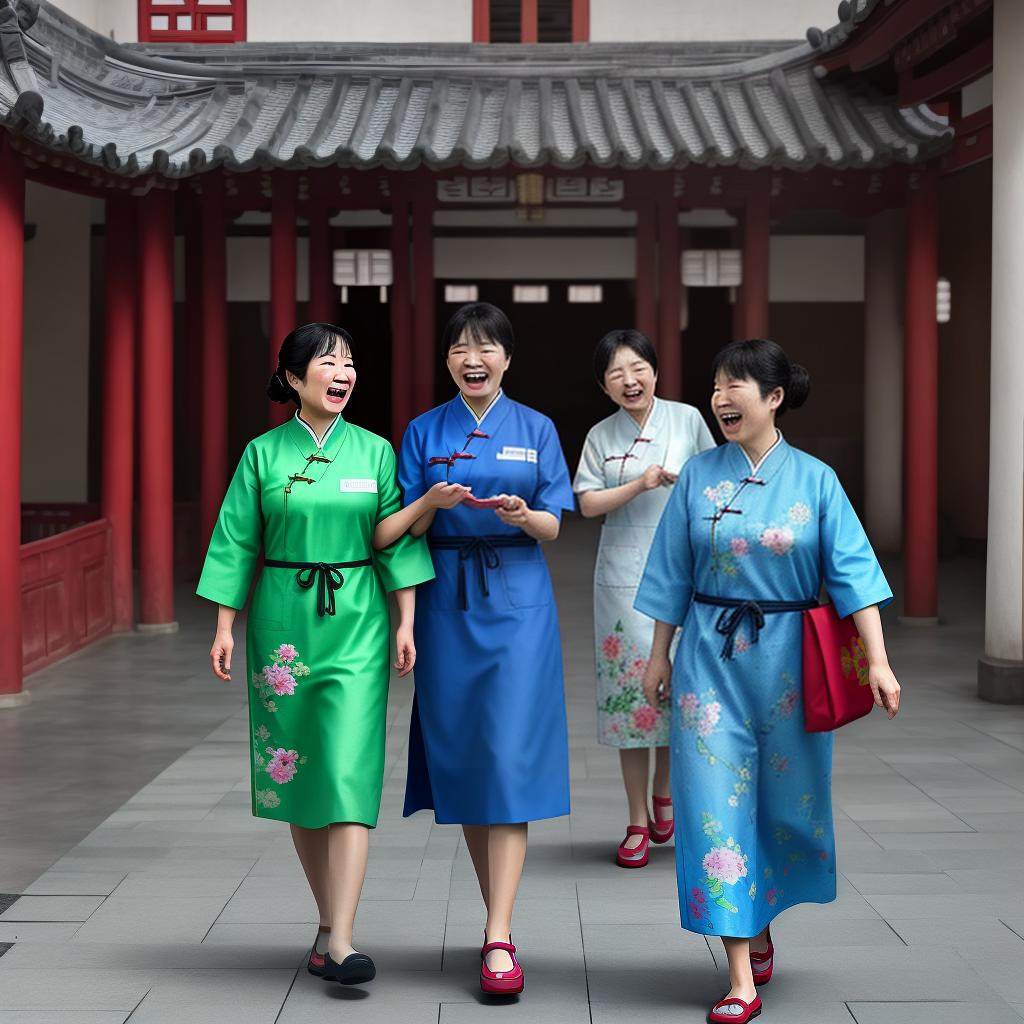  In the spacious and bright courtyard of the hospital, a group of different middle-aged nurses are practicing the traditional Chinese eight-piece brocade. Their smiles and laughter are full of positive atmosphere and friendship, despite the challenging environment in which they work.(Illustration)(Soft light)(Digital painting)