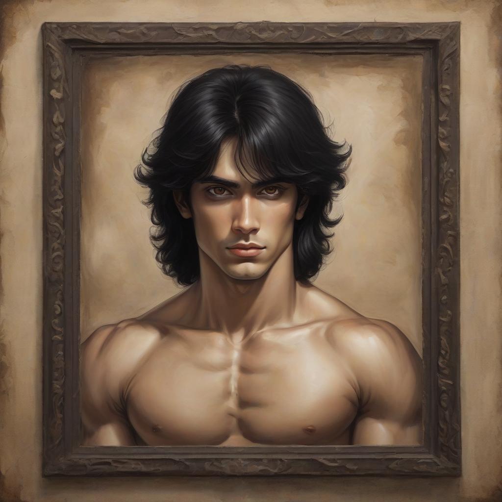  draw a guy with black hair long under a frame 19 years brown eyes light skin muscular in the middle ages painting style face of an ordinary slav