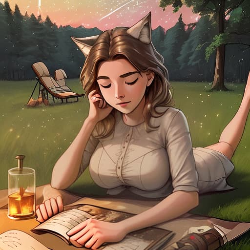  high detail, the girl sits by the fire and flips through the family album, on the grass is a smartphone, summer, earlier morning, stars, wolf