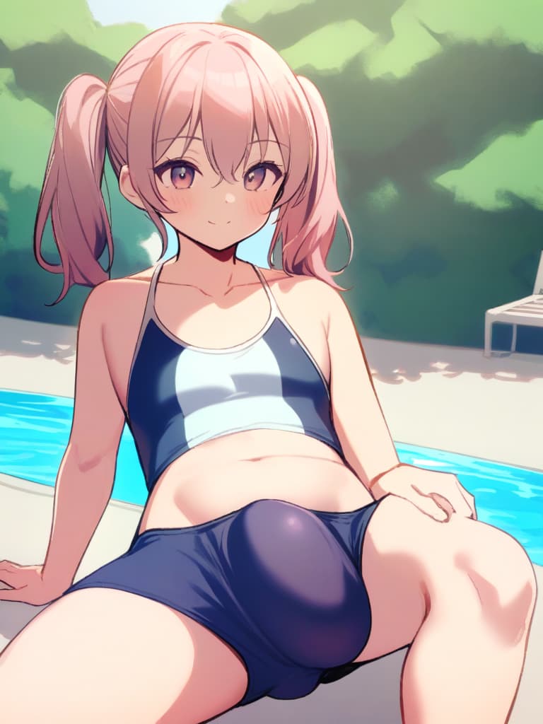  women's elementary students (male), twin tails, cute smiles, (rich s), low stature, dark blue swimwear, old swimwear, , simple (upward), male , (bulge), shaped clear , front , whole body, pool side,