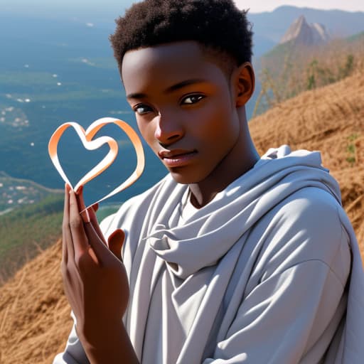  Fair skin Ghanaian boy holding a heart in his hands on a mountain