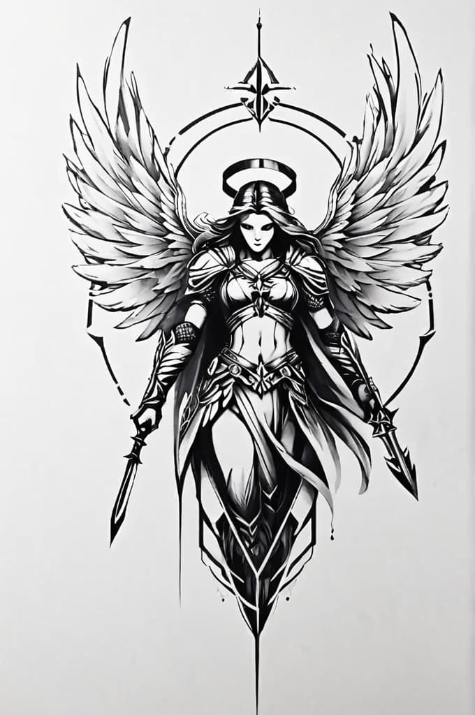  strong warrior angel looking down wit white wings and geometric background , (tattoo sketch:1.25), drawing