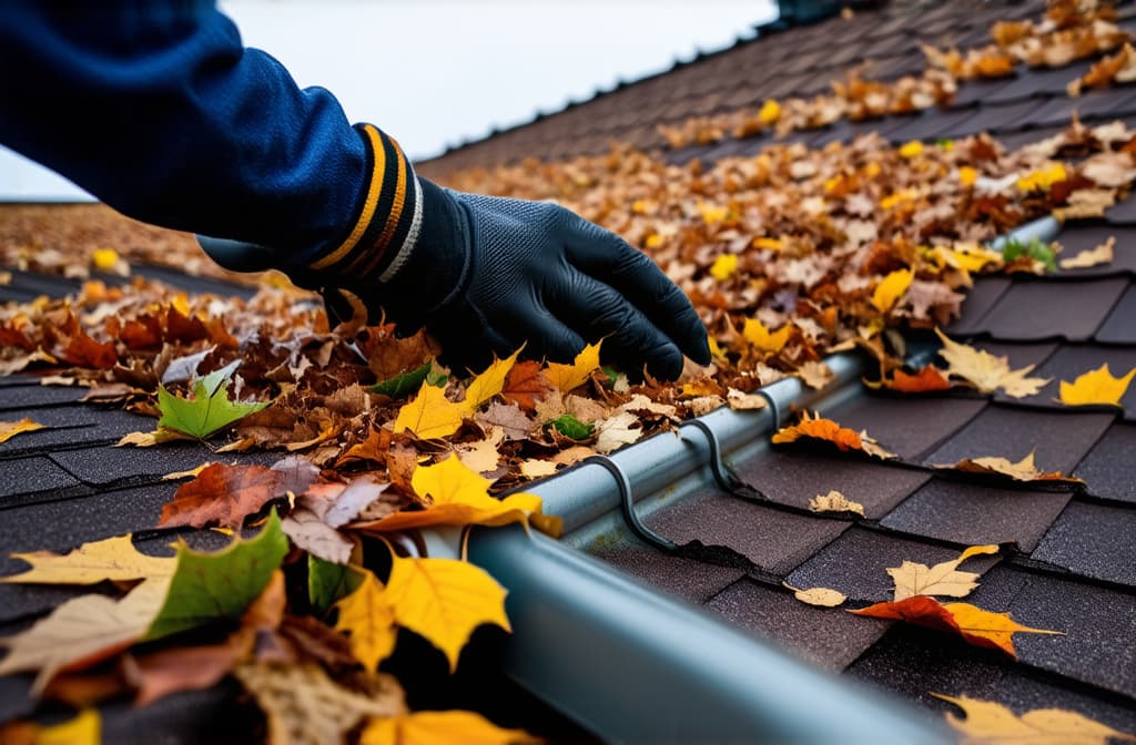  worker cleaning gutter from dry autumn leaves on roof with hands close up ar 3:2 {prompt}, maximum details