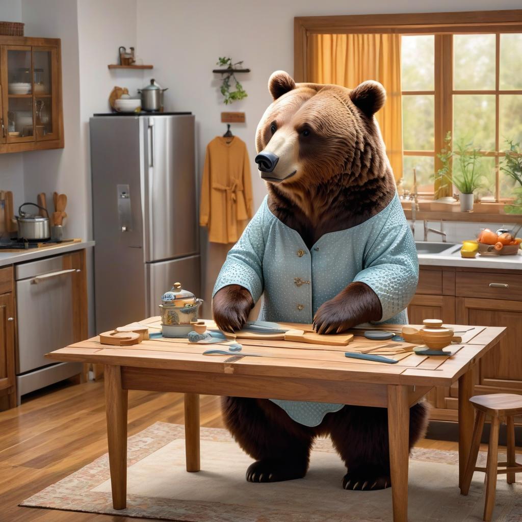  a slim brown bear wearing woman’s clothes assembling a wooden kitchen table inside a home, award winning, professional, highly detailed, masterpiece