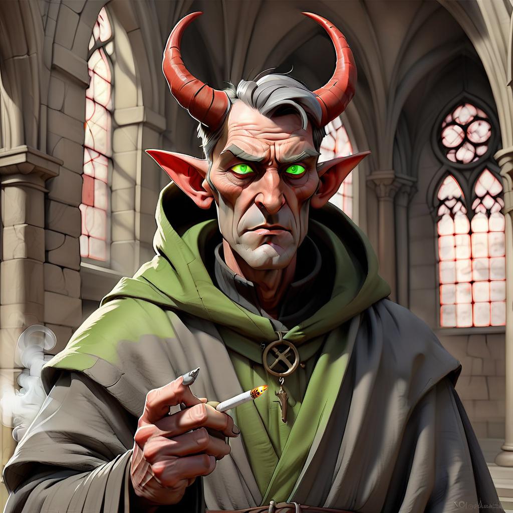  concept art a middle aged man with bright red skin, pointed ears, two horns on his head, green eyes and plenty of wrinkles. dressed in a grey cape and a grey cap. smoking a cigarette. he works as an investigator for the holy inquisition. background medieval cathedral. the whole fantasy image . digital artwork, illustrative, painterly, matte painting, highly detailed, on parchment, hkmagic