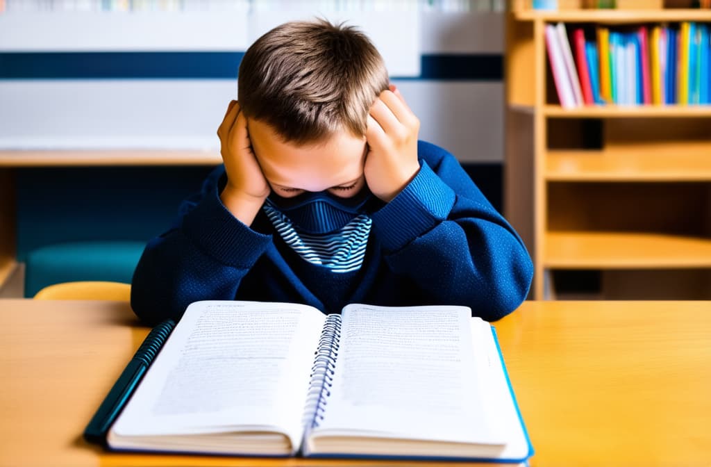  a primary school child sits at a table in front of a notebook and holds his head, tired of studying ar 3:2 {prompt}, maximum details