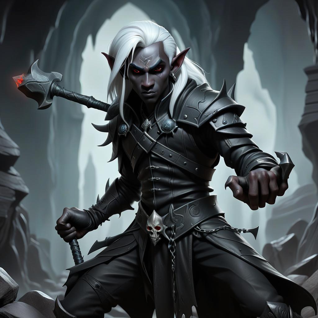  macabre style drow male elf cleric, simble plain black leather jacket, simple iron battle mace, dark cave temple . dark, gothic, grim, haunting, highly detailed, civitai, hkmagic