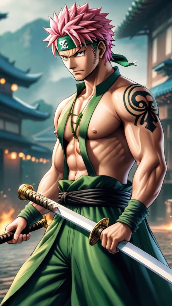  anime art: zoro from one piece using the ashura technique, manifesting nine swords and three heads. hyperrealistic, full body, detailed clothing, highly detailed, cinematic lighting, stunningly beautiful, intricate, sharp focus, f/1. 8, 85mm, (centered image composition), (professionally color graded), ((bright soft diffused light)), volumetric fog, trending on instagram, trending on tumblr, HDR 4K, 8K