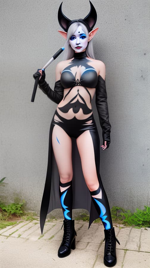  Black and blue bat-shaped body paint in every corner of the whole body, grey body paint all over the body, grey face paint on the face, elf,full body image female