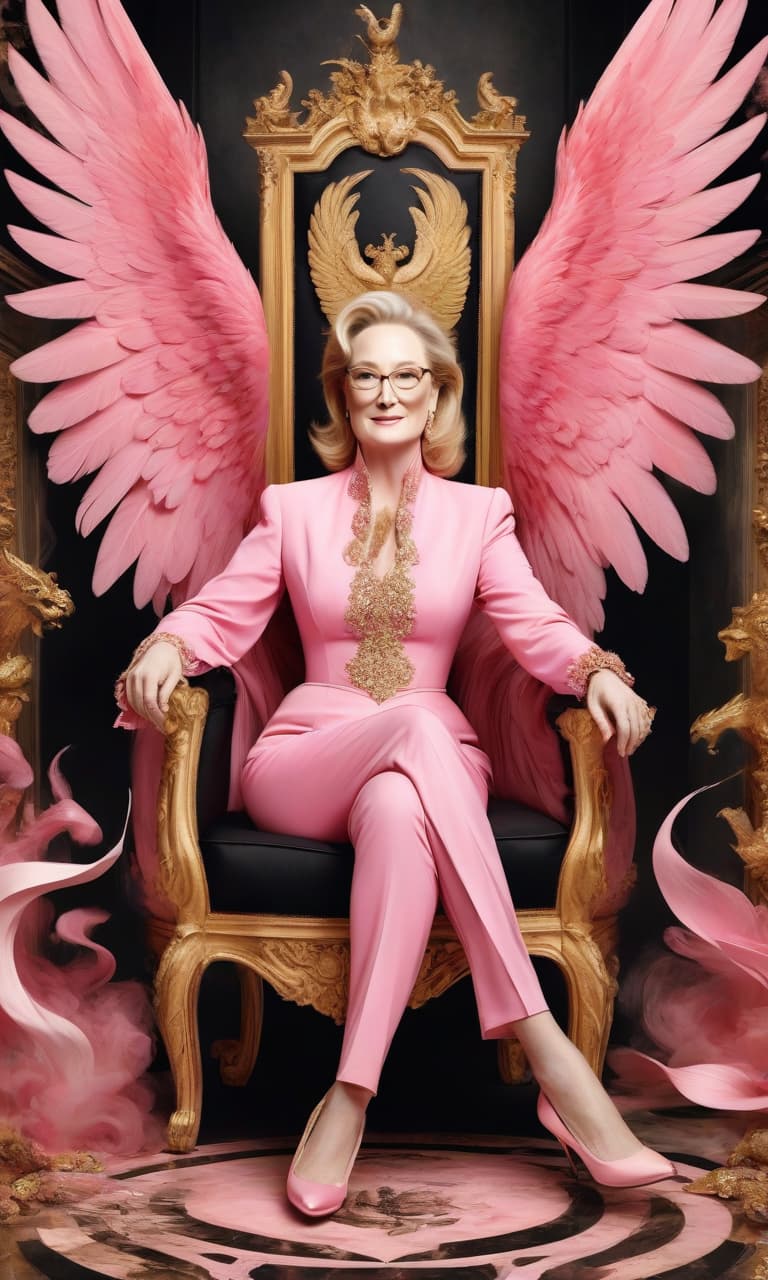  concept art pink, gold, black, white hell meryl streep. prada shoes . digital artwork, illustrative, painterly, matte painting, highly detailed, perfect hands