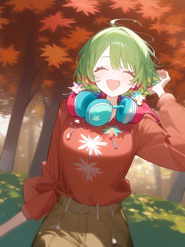  (((green short hair:1.5))),(((headphone around the neck:2.0))),very loud laugh,(((very joy:1.8))),(pastel red brown color palette:1.3),(pastel red hoodie with white maple tree print:1.4),(brown cargo pants:1.2),white sneakers,(red maple tree cap:1.1),(red and brown brown bracelet:1.1)