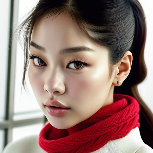  (--Style Photoralism, Jennie Kim)((full body)) a close up of a woman with a red scarf on, blackpink jennie, popular south korean makeup, portrait of female korean idol, popular korean makeup, beautiful south korean woman, harpers bazaar, harper's bazaar, beautiful oriental woman, korean face features, dior campaign, korean audrey hepburn, vogue journal cover, inspired by Zhang Shuqi, detailed face of a asian girl