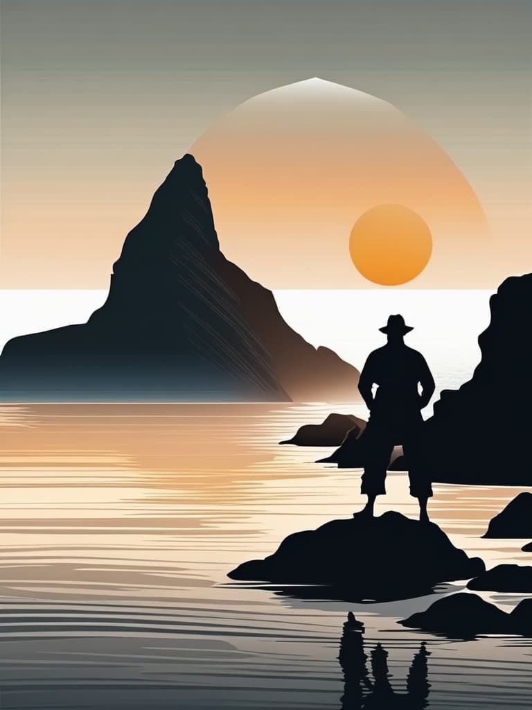  Close up of the silhouette of a man doing Thai Chi on a cliff overlooking the ocean with a sunrise in the background. RAW, realistic