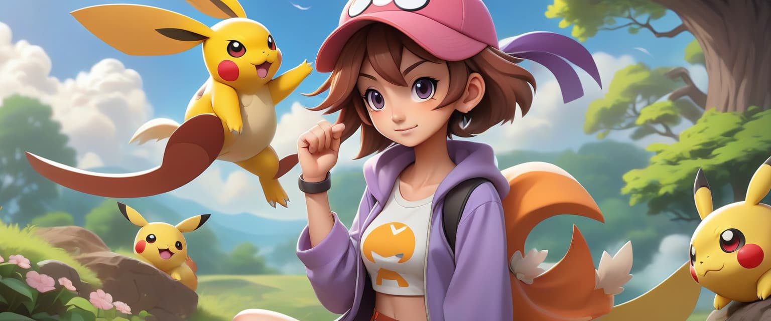  pokémon style the character wishes good morning on a beautiful background for the cover of the twitch channel . vibrant, cute, anime, fantasy, reminiscent of pokémon series