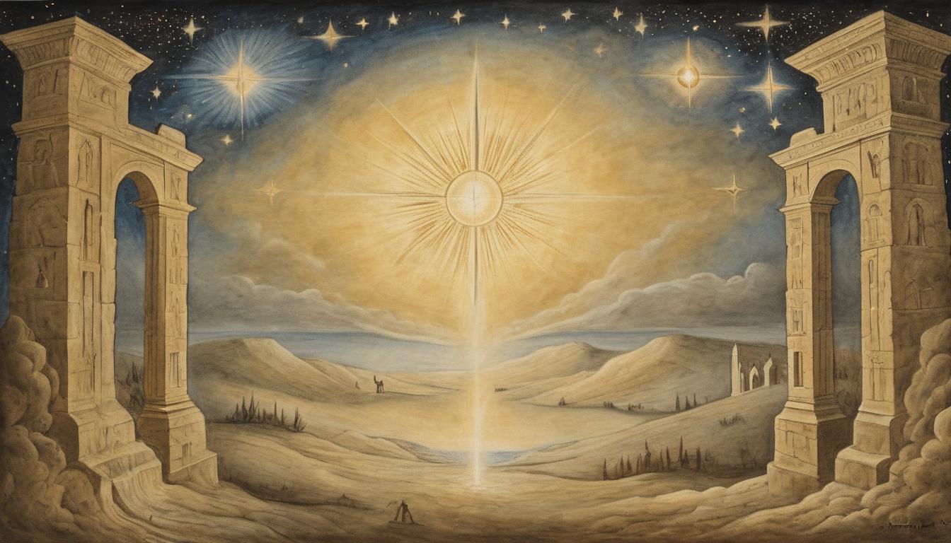  on parchment, surrealism++, open celestial gate, glowing light pouring through, stars in the background, divine invitation and presence(mysterious, provocative, symbolic)++