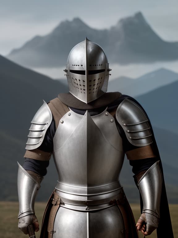  knight without a helmet with an open face with a sword in his hand against the background of the mountains