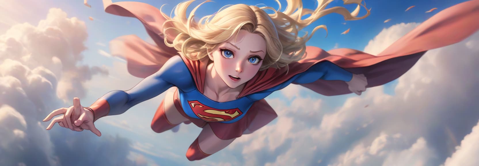  anime artwork dynamic supergirl is flying through the sky with one hand looking forward . anime style, key visual, vibrant, studio anime, highly detailed