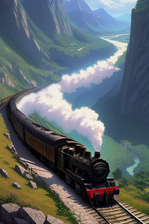  A steam train on a mountainside, by makoto shinkai, stanley artgerm lau, wlop, rossdraws
