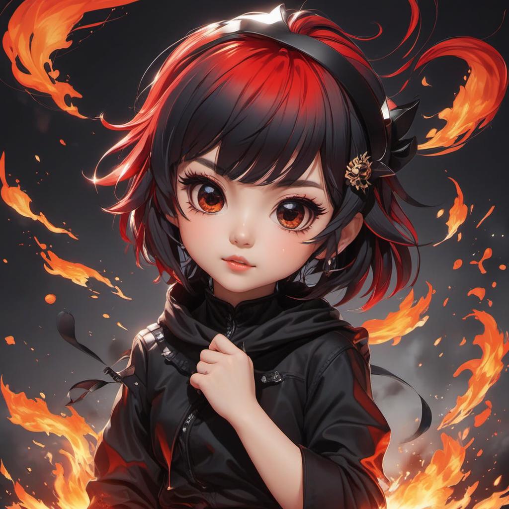  fire hair, one eye all black and one eye black and red, black horn, chibi, , anime style, manga style, manhwa style