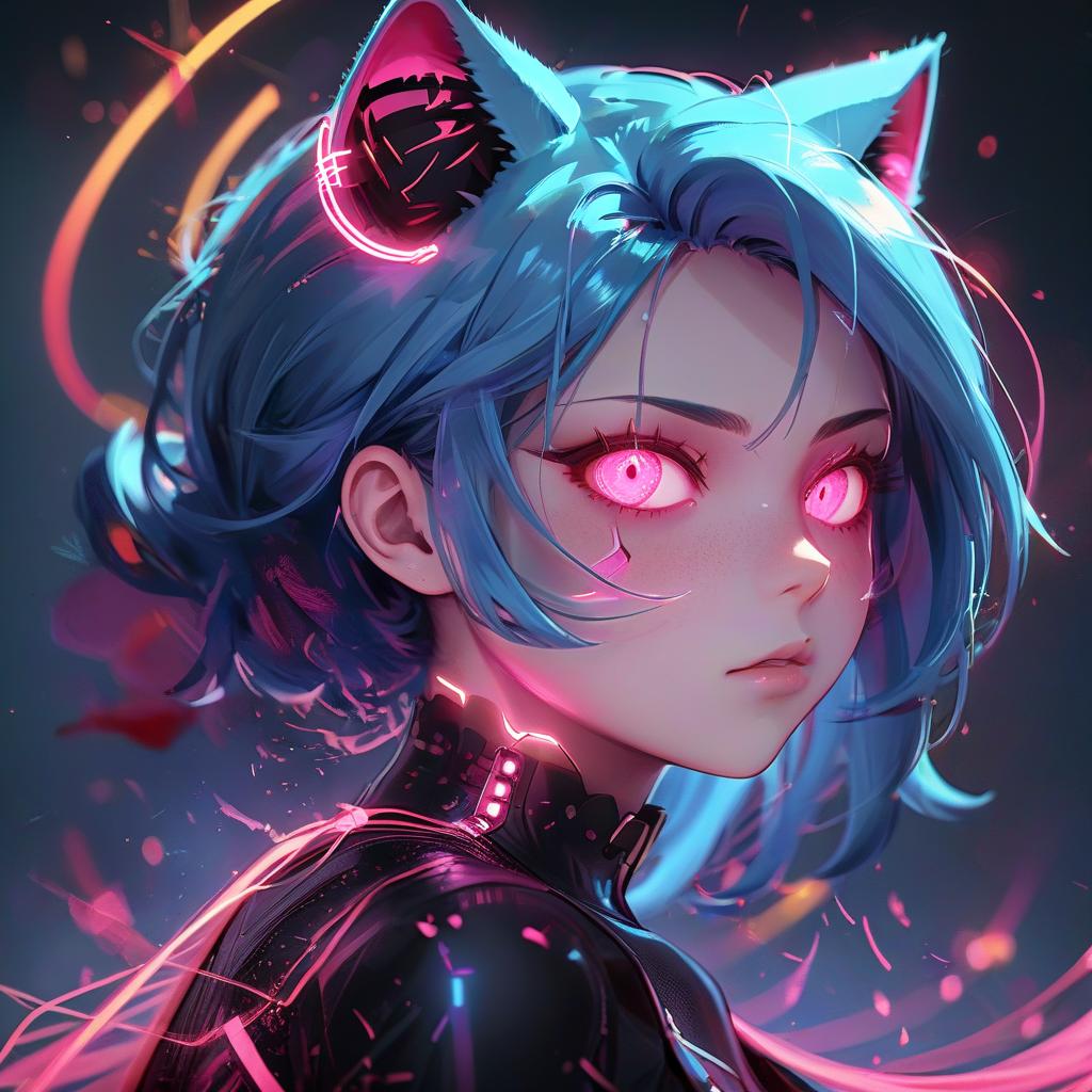  a close up of a person with blue hair, metal cat ears and glowing eyes, anime picture, deep crimson and dark shadows, perfect female body silhouette, bitcoin evil, ((pink)), style of madhouse anime, portrait of evil girl, it is night, looming head, glowneon