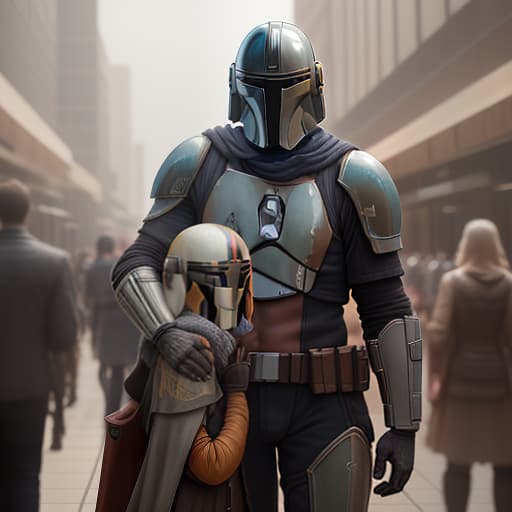  a mandalorian man and a girl stand next to him, hugging., shot 35 mm, realism, octane render, 8k, trending on artstation, 35 mm camera, unreal engine, hyper detailed, photo realistic maximum detail, volumetric light, realistic matte painting, hyper photorealistic, trending on artstation, ultra detailed, realistic