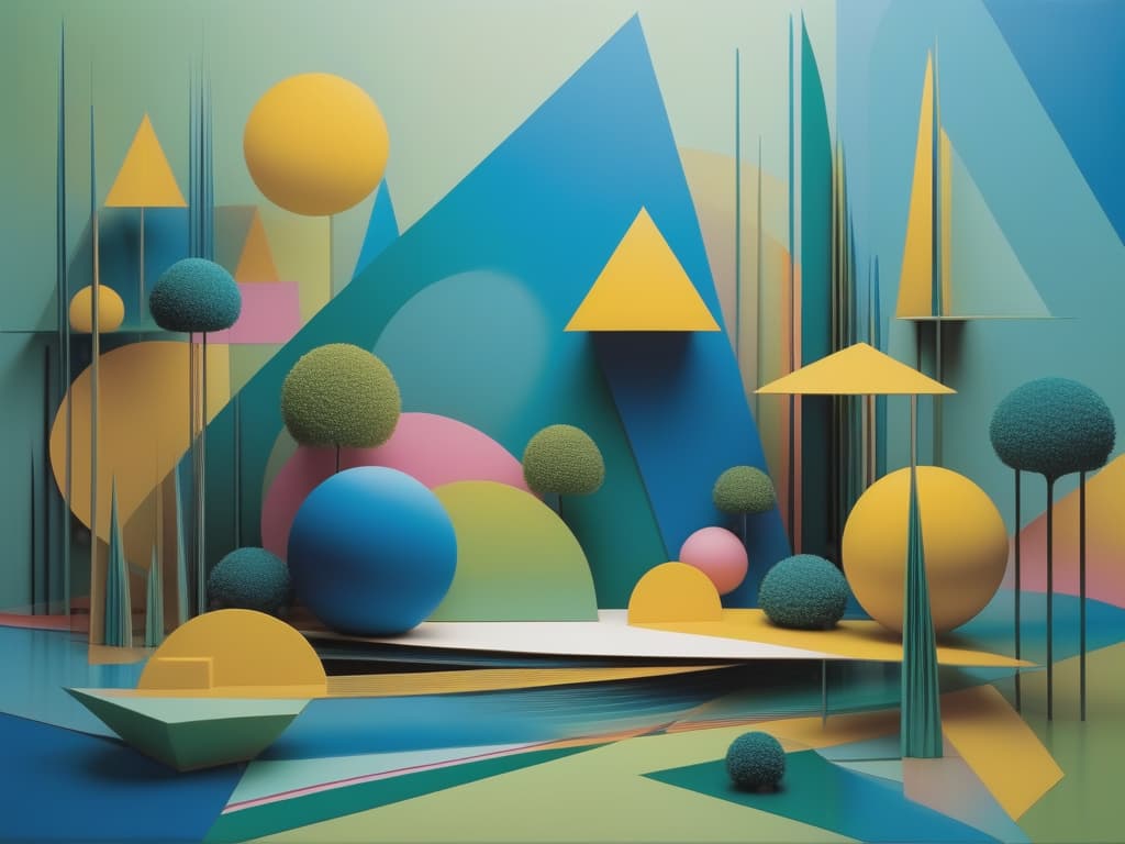  modern, abstract art piece featuring a combination of vertical lines and geometric shapes. the layout includes a series of vertical, multicolored lines that create a sense of depth and texture. the background consists of a gradient of green and yellow hues, resembling a field, with white spherical shapes distributed throughout, adding a three dimensional effect. in the foreground, there are pink and blue triangular forms that appear to be rising from the bottom, contributing to the layered composition. the overall style is contemporary and visually dynamic, with a focus on color contrast and spatial arrangement.