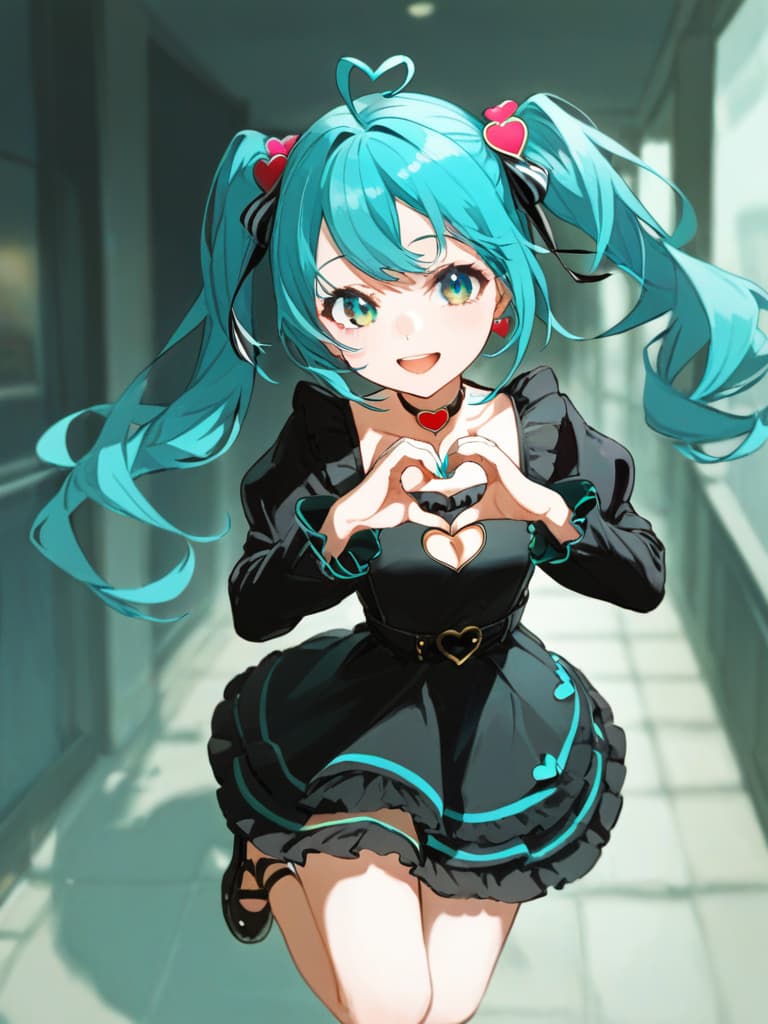  1girl,solo,hatsune miku,very long hair,twintails,aqua eyes,aqua hair,aqua nails,heart cutout,heart earrings,heart hair ornament,heart choker,heart ahoge,heart pendant,((heart hands)),smile,open mouth,jumping,floating earring,floating hair,frilled dress,frilled sleeves,puff and slash sleeves,striped dress,striped ribbon,hair ribbon,curly hair