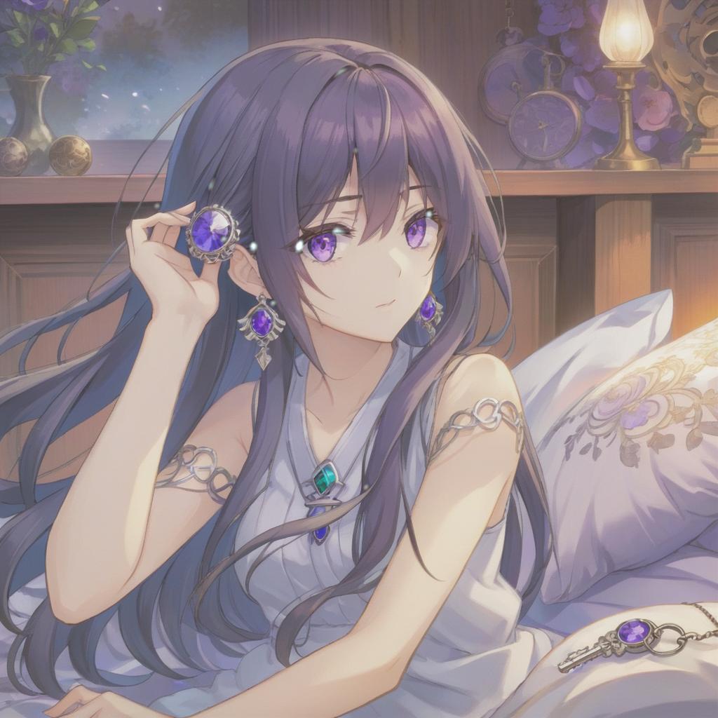  anime artwork 2, dark long hair folded into a bundle, purple eyes, , small silver earrings, the bedroom . anime style, key visual, vint, studio anime, highly detailed