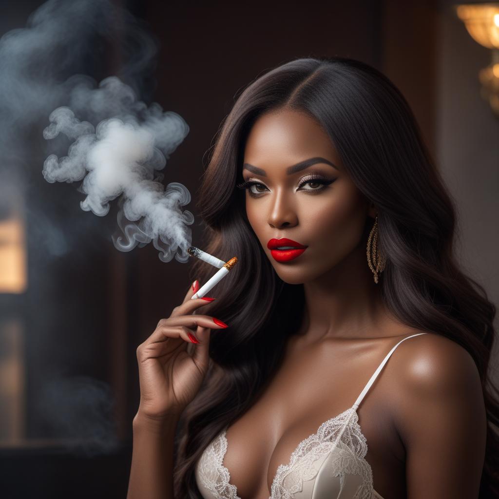  A beautiful black woman with red lipstick, long hair, wearing lingerie and high heel shoes, smoking a cigarette. The portrait should have an artistic and elegant feel, with soft lighting and a stylish background. hyperrealistic, full body, detailed clothing, highly detailed, cinematic lighting, stunningly beautiful, intricate, sharp focus, f/1. 8, 85mm, (centered image composition), (professionally color graded), ((bright soft diffused light)), volumetric fog, trending on instagram, trending on tumblr, HDR 4K, 8K