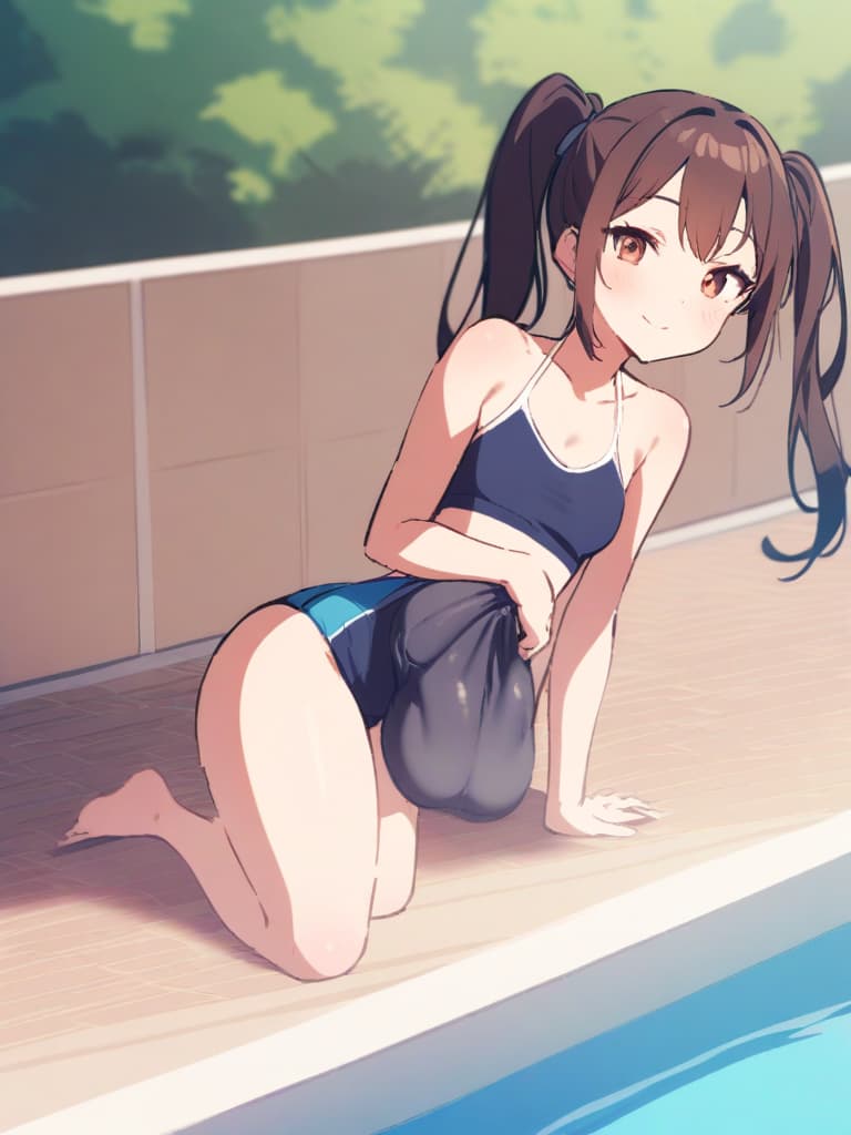  women's elementary students, twin tails, cute smiles, swimwear, man (bulge), (bulging), swimwear, poolside, whole body,