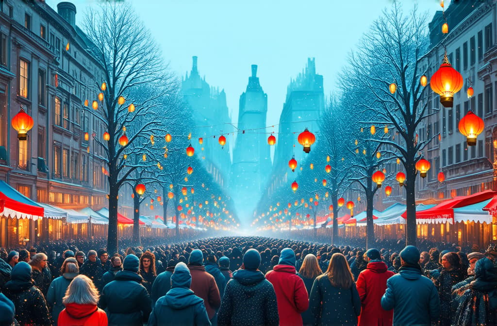  professional detailed photography, festive christmas lanterns floating above a holiday city crowd: a creative abstract illustration for digital art ar 3:2, (muted colors, dim colors, soothing tones), (vsco:0.3)