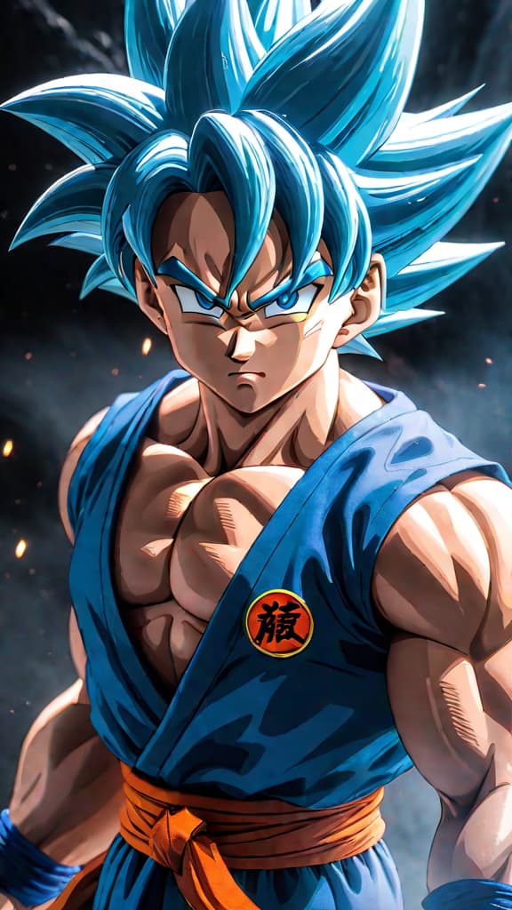  anime art: goku from dragon ball explores fusion of ultra instinct with super saiyan blue in evolving power. hyperrealistic, full body, detailed clothing, highly detailed, cinematic lighting, stunningly beautiful, intricate, sharp focus, f/1. 8, 85mm, (centered image composition), (professionally color graded), ((bright soft diffused light)), volumetric fog, trending on instagram, trending on tumblr, HDR 4K, 8K