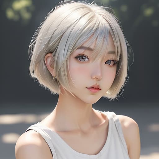  cute japanese girl face, cute short hair, light blonde and silver bob cut hairstyle, black sleeveless top, delicate makeup, cool style, natural lighting, photo realistic in the style of realistic.