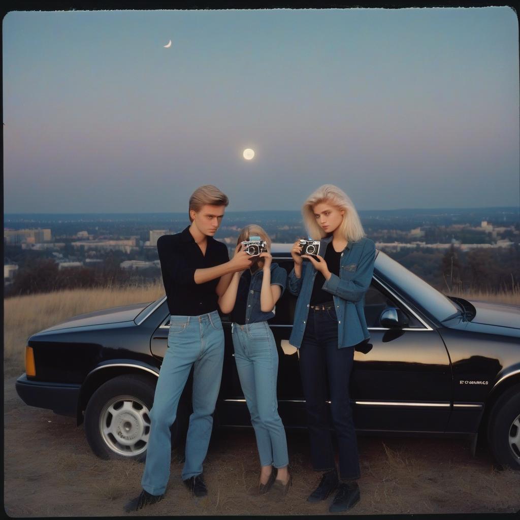  analog film photo a platinum blonde girl takes pictures on a polaroid in a black shirt and stands next to a blonde guy in a denim shirt, standing by a black car, a view from a hill, in the background the city, the time of dusk, a full light moon, the style of the 80 90s. . faded film, desaturated, 35mm photo, grainy, vignette, vintage, kodachrome, lomography, stained, highly detailed, found footage